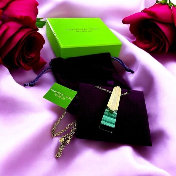 Shanghai Tang golden malachite large pendant necklace 28” Chain 2015 NIB - Picture 3 of 12